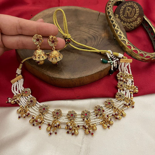 FS Collection Gold Plated Pota Stone And  Pearls Necklace Set