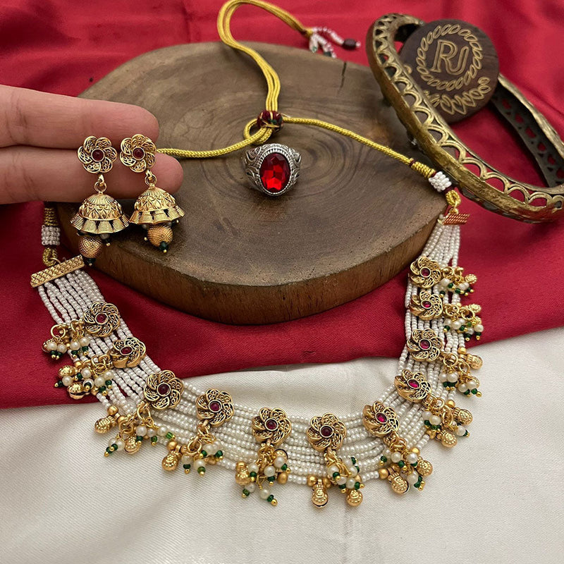 FS Collection Gold Plated Pota Stone And  Pearls Necklace Set