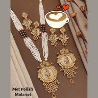 FS Collection Gold Plated Pota Stone And Pearls Temple Long Necklace Set
