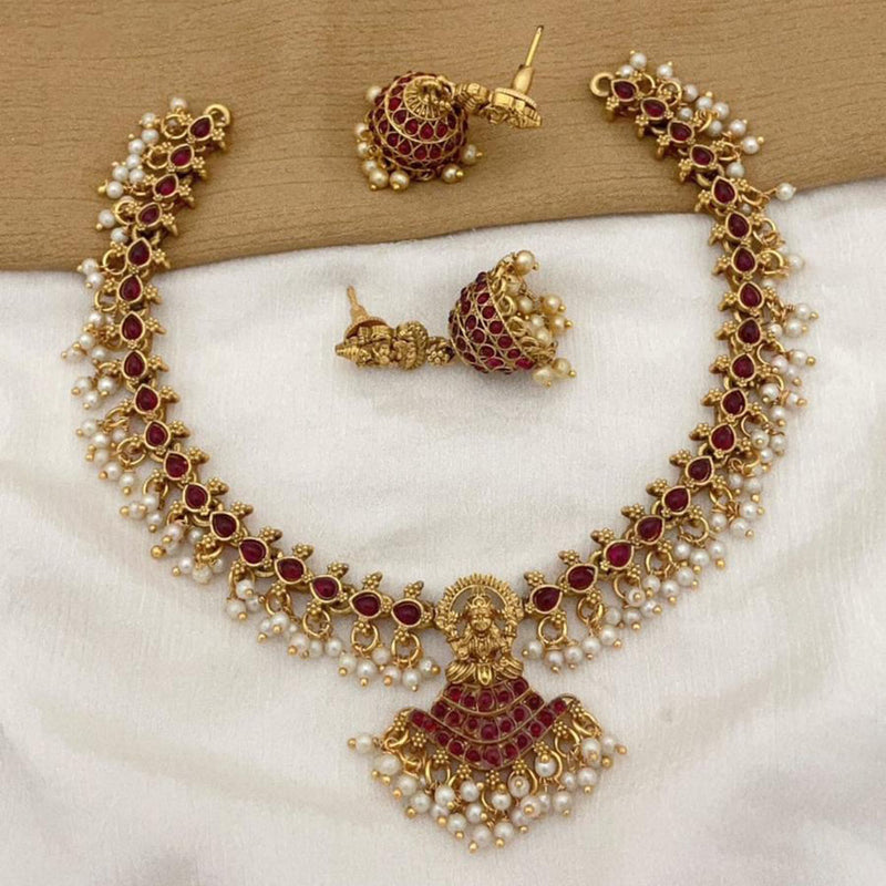 FS Collection Gold Plated Pota Stone And Pearls Temple Necklace set