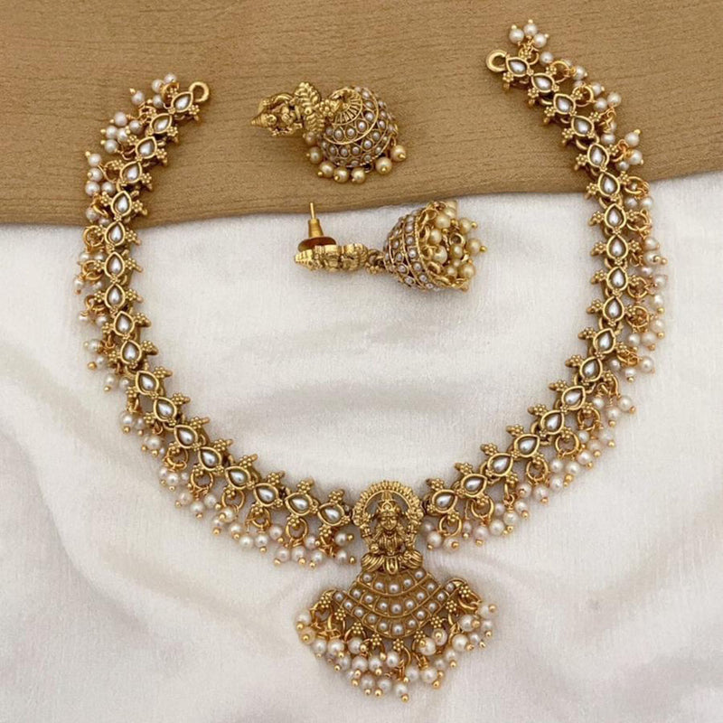 FS Collection Gold Plated Pota Stone And Pearls Temple Necklace set