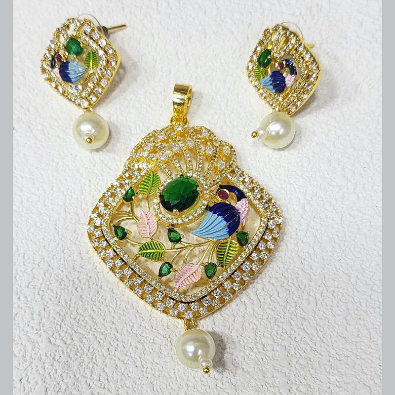 FS Collection Gold Plated AD And Meenakari Pendant Set