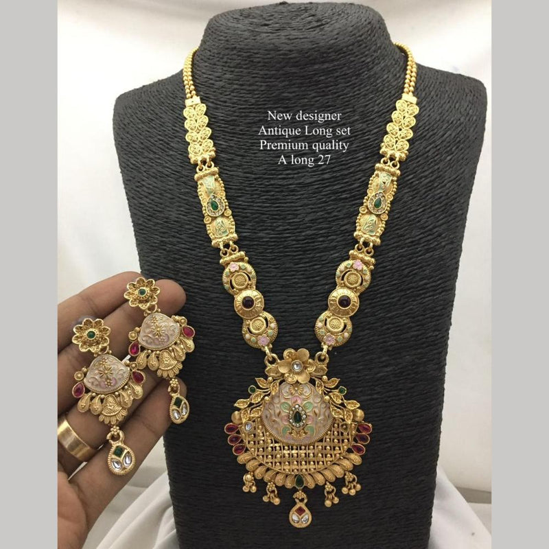 FS Collection Antique Gold Plated Pota Stone And Pearls Long Necklace Set