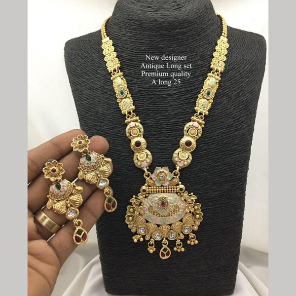 FS Collection Antique Gold Plated Pota Stone And Pearls Long Necklace Set