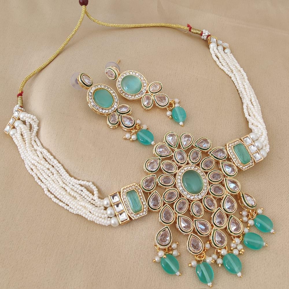 FS Collection Gold Plated Crystal Stone And  Beads Choker Necklace Set