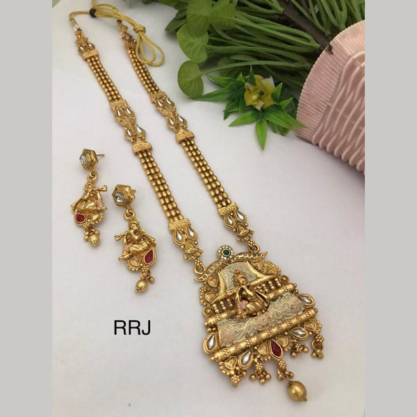 FS Collection Gold Plated Pota Stone Meenakari Temple Long Necklace Set