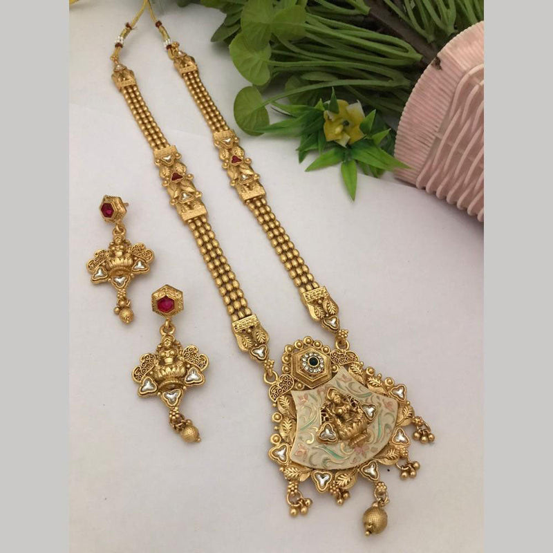 FS Collection Gold Plated Pota Stone Meenakari Temple Long Necklace Set