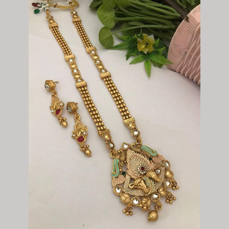 FS Collection Gold Plated Pota Stone Meenakari Temple Long Necklace Set