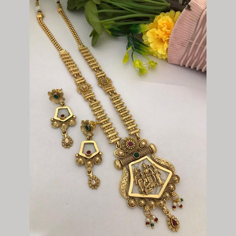 FS Collection Gold Plated Pota Stone Temple Long Necklace Set