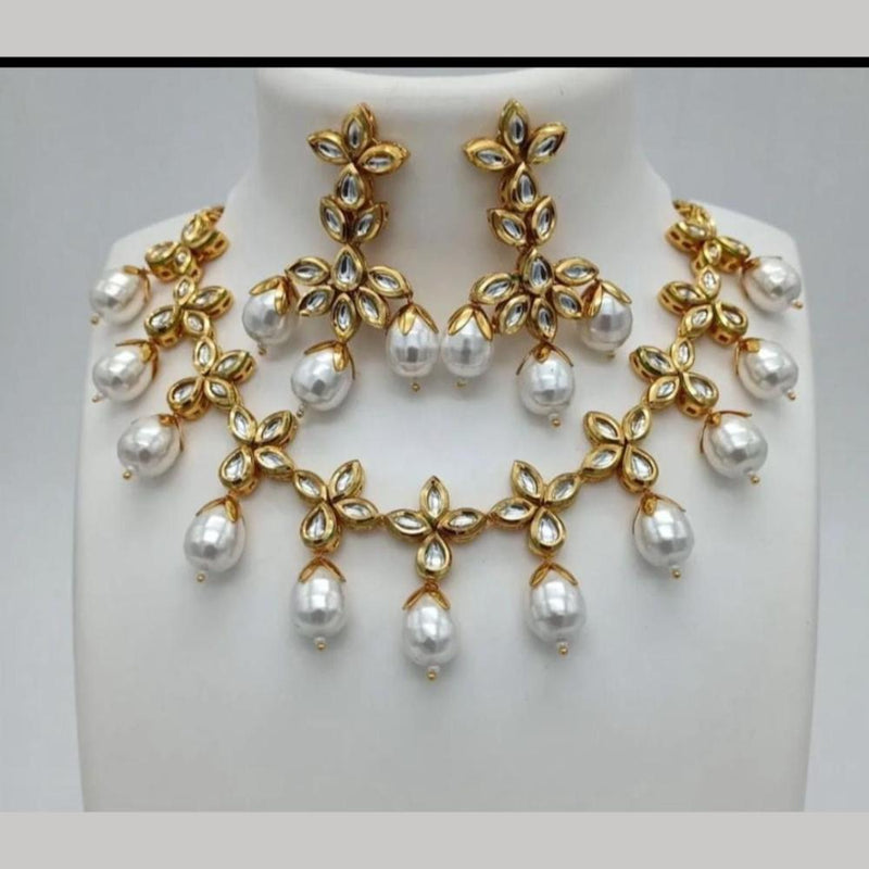 FS Collection Gold Plated Kundan Stone And Pearls Necklace Set