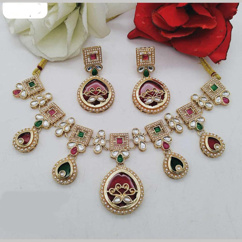 FS Collection Gold Plated Kundan Stone And Pearls Necklace Set