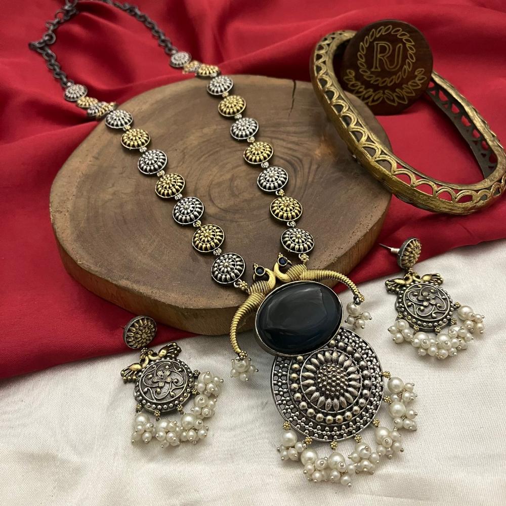 FS Collection Oxidised  Plated Pota Stone Necklace Set