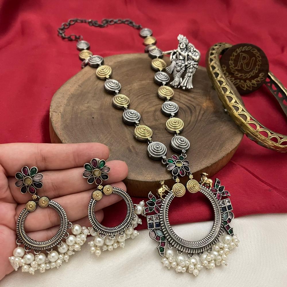 FS Collection  2 Tone Plated Pota Stone And Pearls Necklace Set