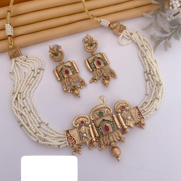 FS Collection Gold Plated Pota Stone And Pearls Choker Meenakari  Necklace Set