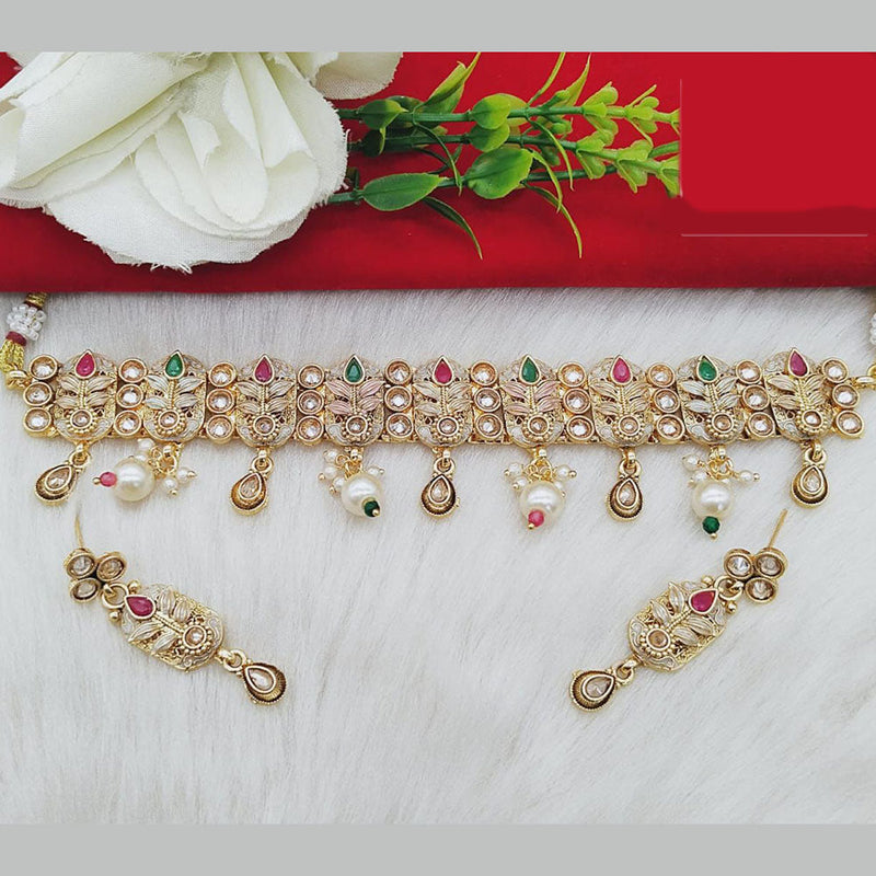 FS Collection Gold Plated Kundan Stone And Beads Choker Necklace Set