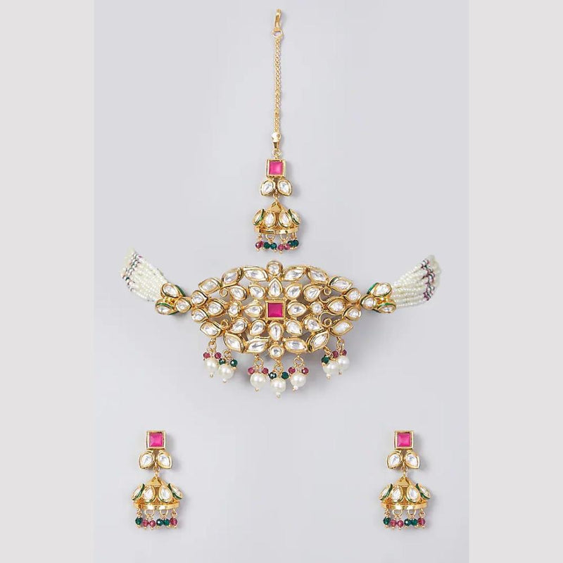 FS Collection Gold Plated Kundan Stone And Pearls Choker Necklace Set