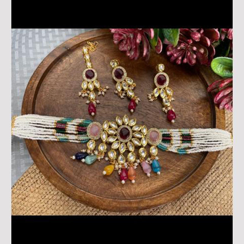 FS Collection Gold Plated Kundan Stone And Beads Choker Necklace Set