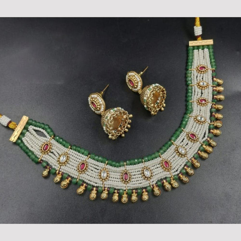 FS Collection Gold Plated Kundan Stone And Pearls Choker Necklace Set