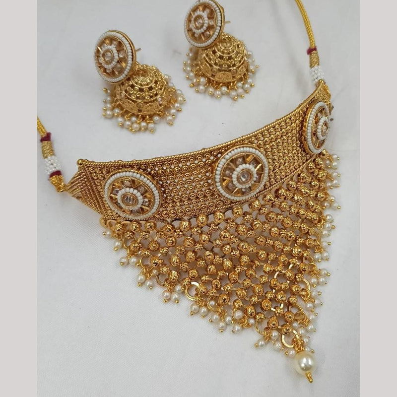 FS Collection Gold Plated Pota Stone And Pearls Choker Necklace Set