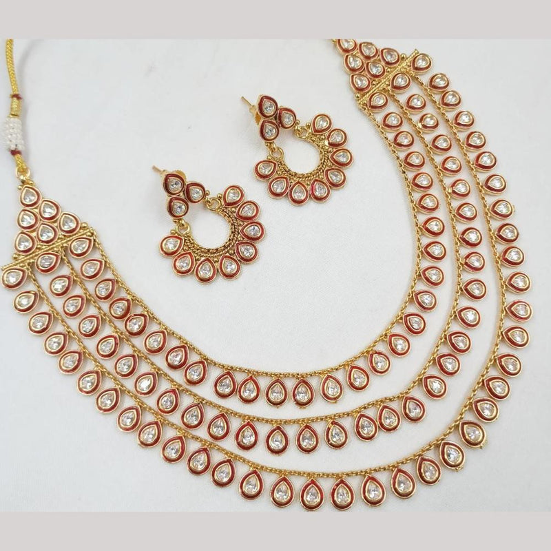 FS Collection Gold Plated Crystal Stone Multi Layer Meenakari Necklace Set