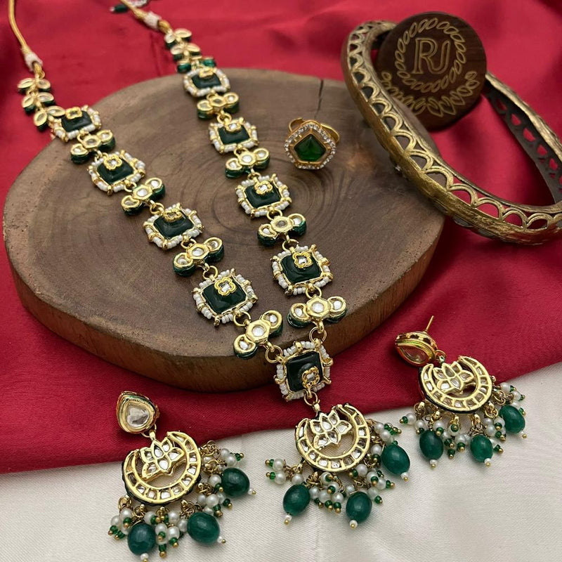 FS Collection Gold Plated Kundan Stone And Pearls Long Necklace Set