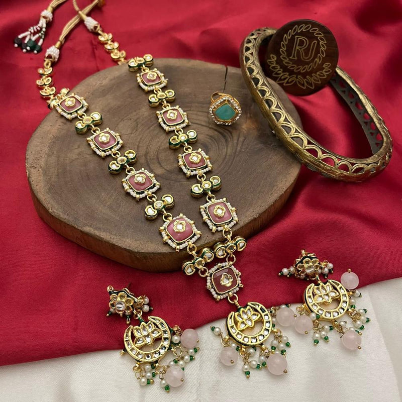 FS Collection Gold Plated Kundan Stone And Pearls Long Necklace Set