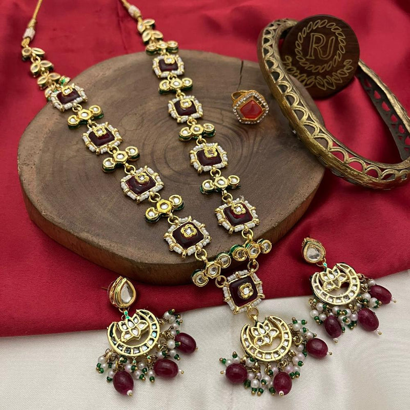 FS Collection Gold Plated Kundan Stone And Pearls Long Necklace Set