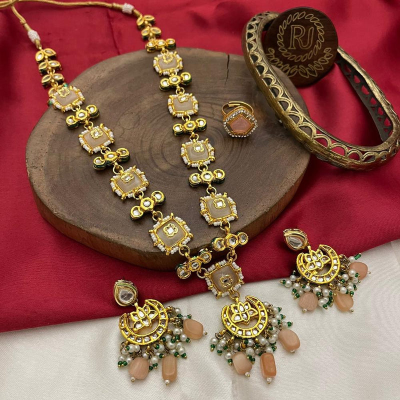 FS Collection Gold Plated Kundan Stone And Pearls Long Necklace Set