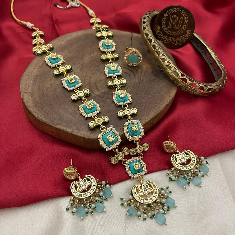 FS Collection Gold Plated Kundan Stone And Pearls Long Necklace Set