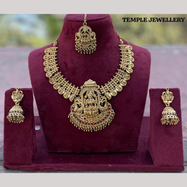 FS Collection Gold Plated Pota Stone Temple And Pearls Necklace Set