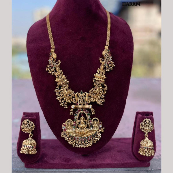 FS Collection Gold Plated Pota Stone Temple And Pearls Long Necklace Set