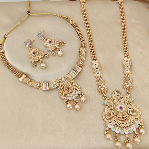 FS Collection Gold Plated Pota Stone And Meenakari Double Necklace Set