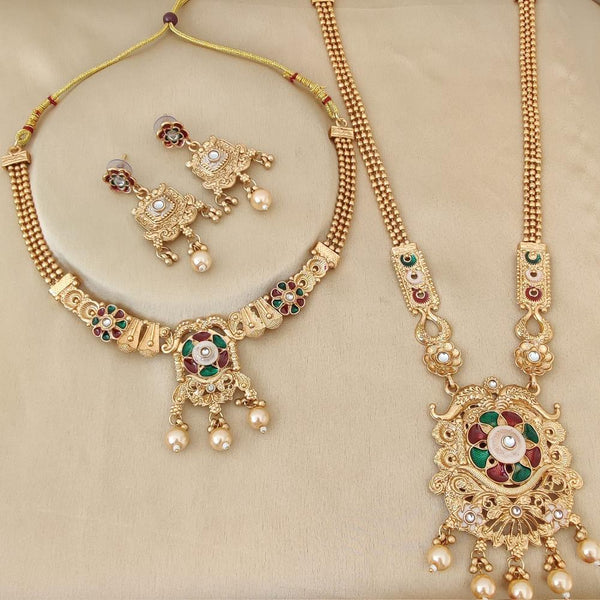 FS Collection Gold Plated Pota Stone And Meenakari Double Necklace Set