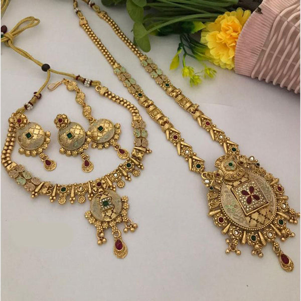 FS Collection Gold Plated Pota Stone And Meenakari Double Necklace Set