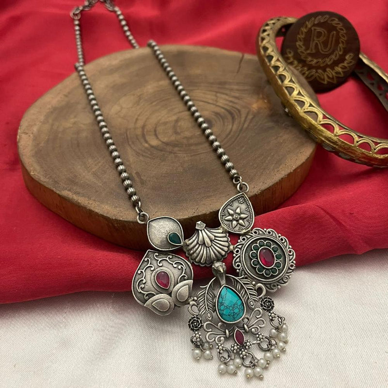 FS Collection Oxidised Plated Pota Stone Long Necklace Set