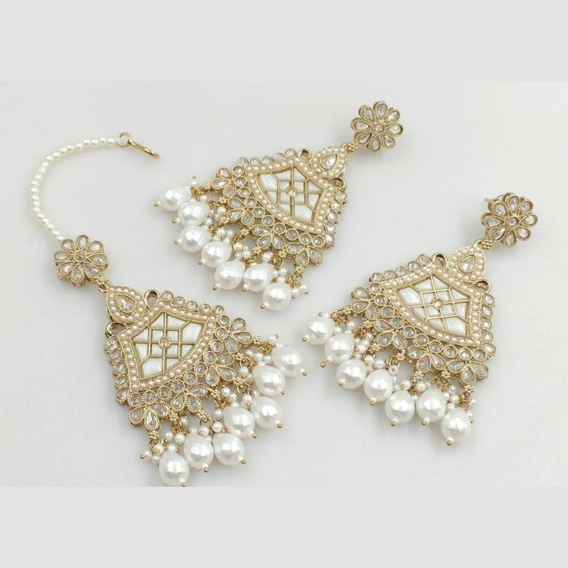 FS Collection Gold Plated Crystal Stone And Pearls Dangler Earrings With Maangtikka