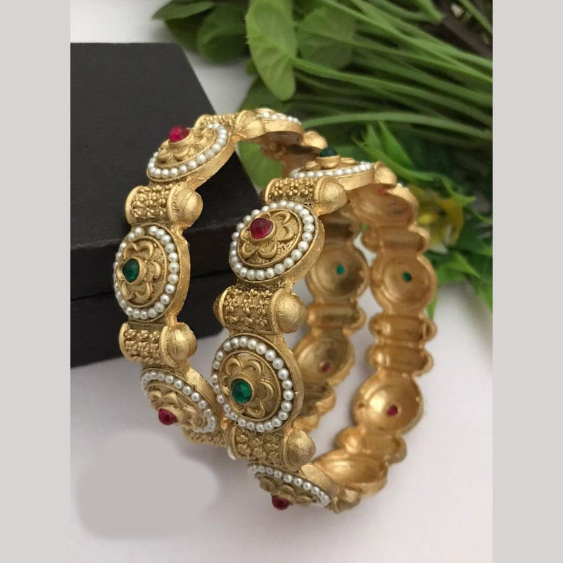 FS Collections Gold Plated Pota Stone And Pearls Bangles Set