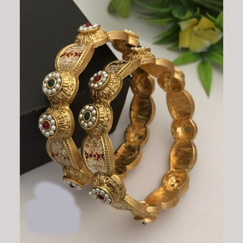 FS Collections Gold Plated Pota Stone And Pearls Meenakari Bangles Set