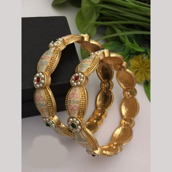 FS Collections Gold Plated Pota Stone And Pearls Meenakari Bangles Set