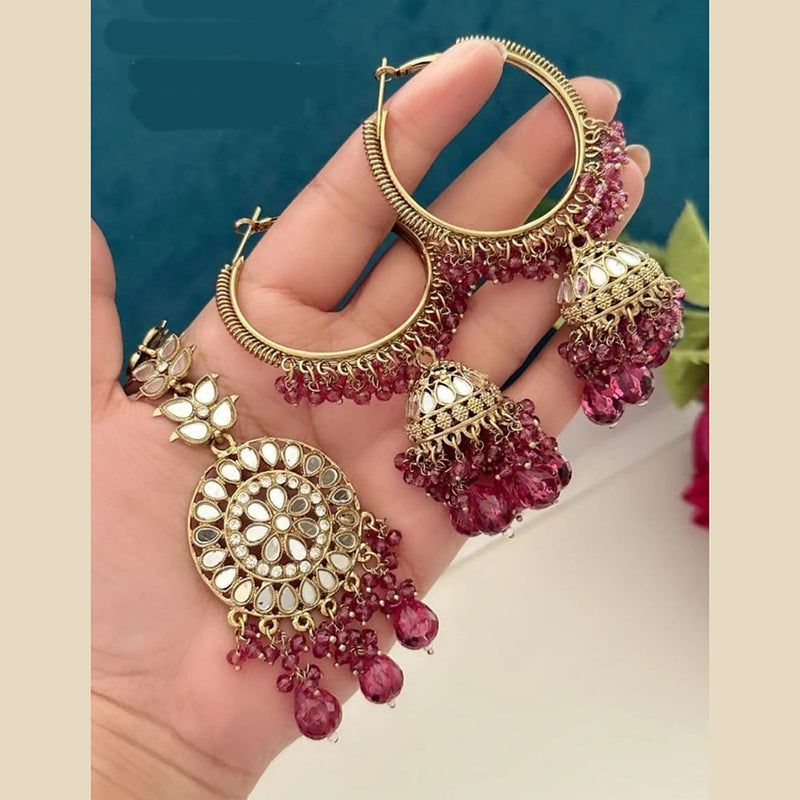 FS Collection Gold Plated Beads And Mirror Earring With Mangtikka