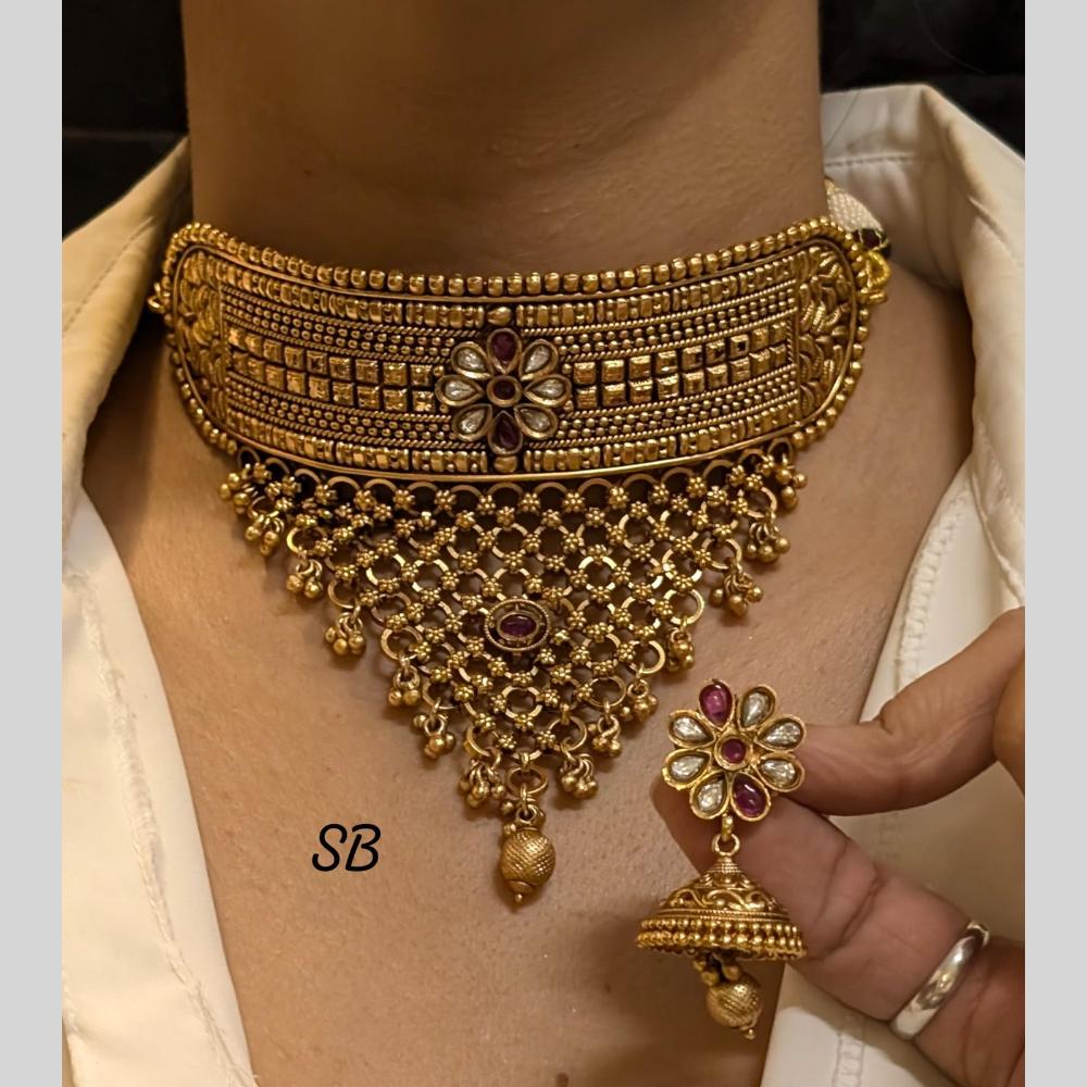 FS Collection Gold Plated Pota Stone Choker Necklace Set