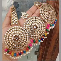 FS Collection Gold Plated Kundan Stone And Beads Dangler Earrings With Maangtikka