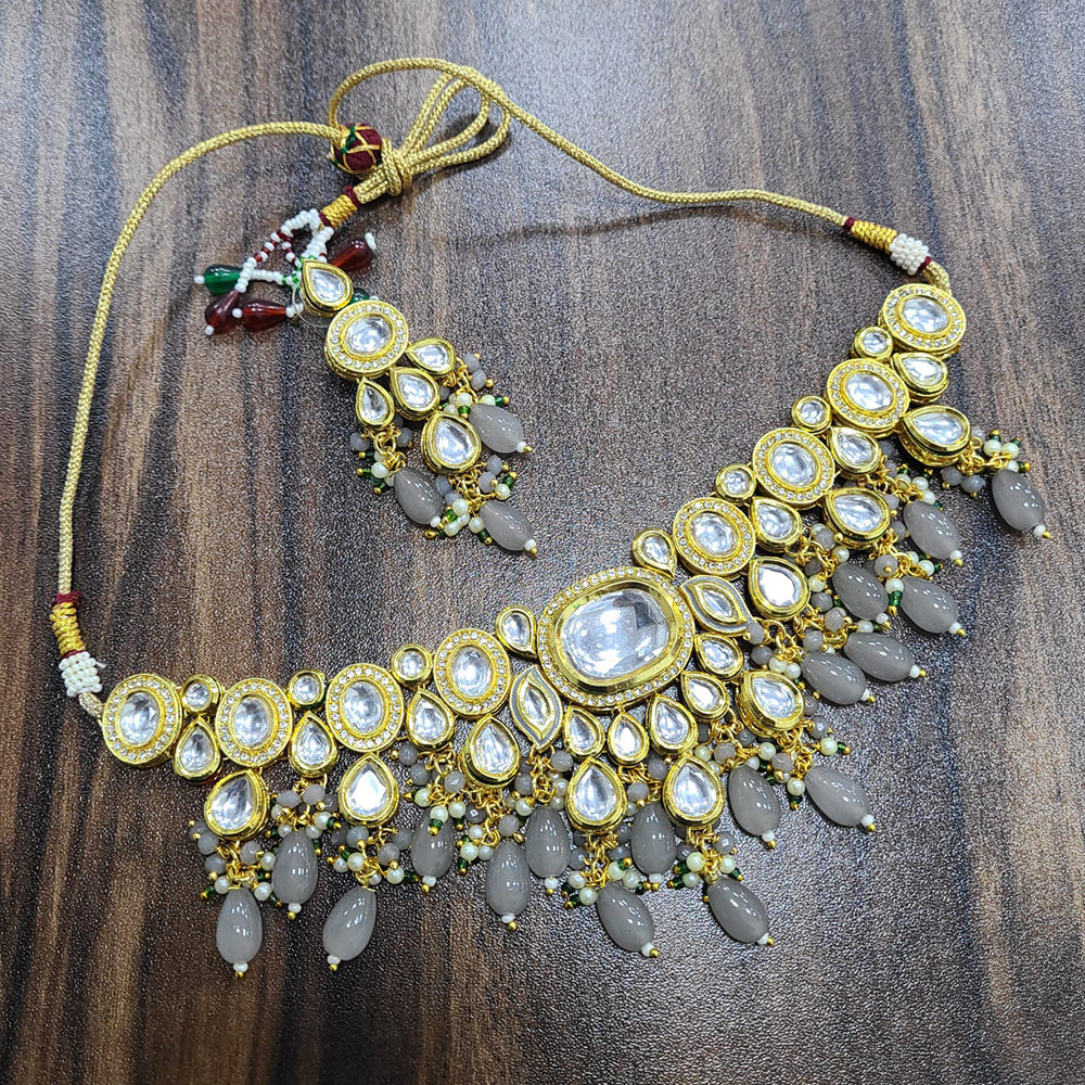 FS Collection Gold Plated Kundan Stone And Beads Choker Necklace Set