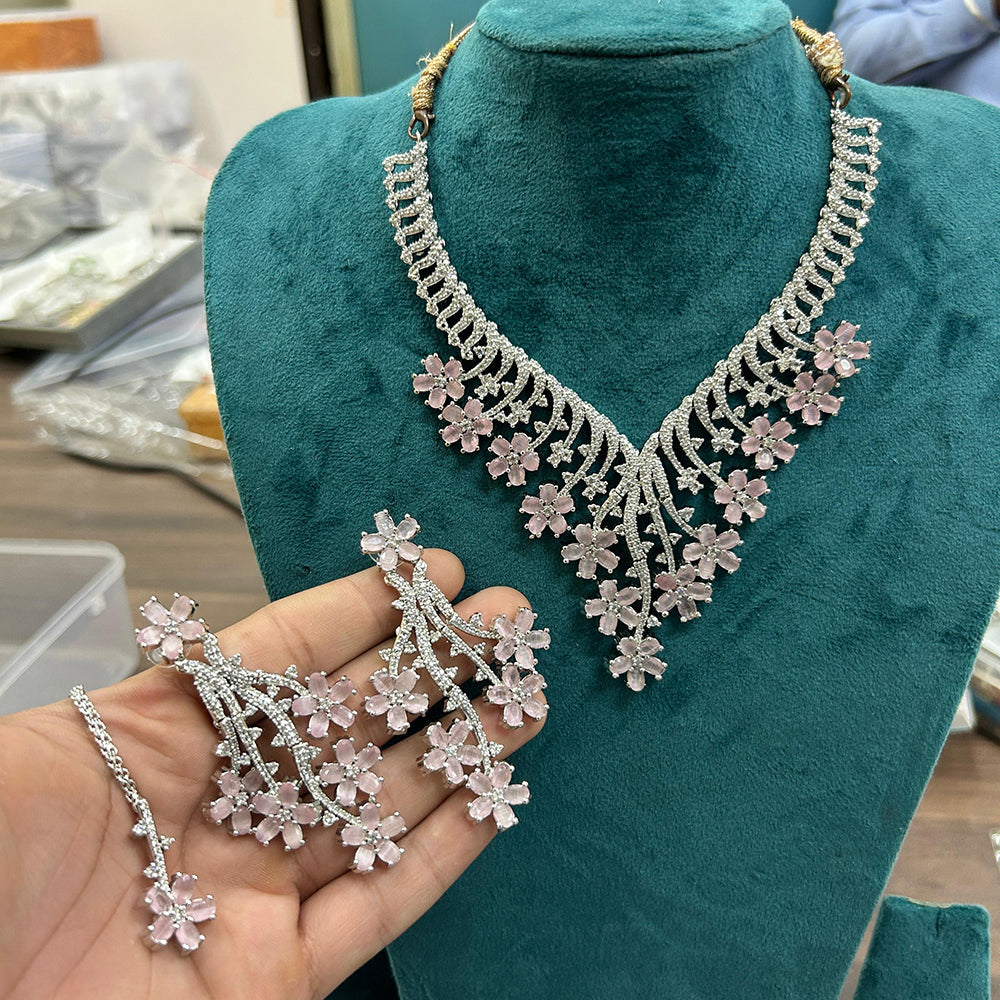 FS Collection Silver Plated American Diamonds Necklace Set