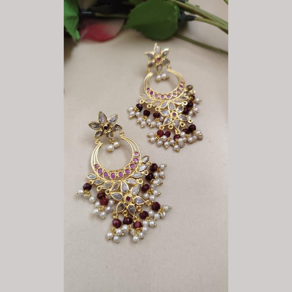 FS Collection Gold Plated Crystal Stone And Pearls Dangler Earrings