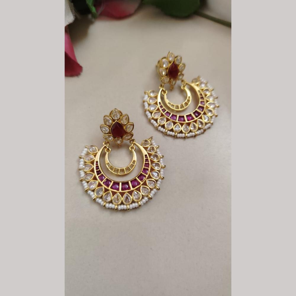 FS Collection Gold Plated Crystal Stone And Pearls Dangler Earrings
