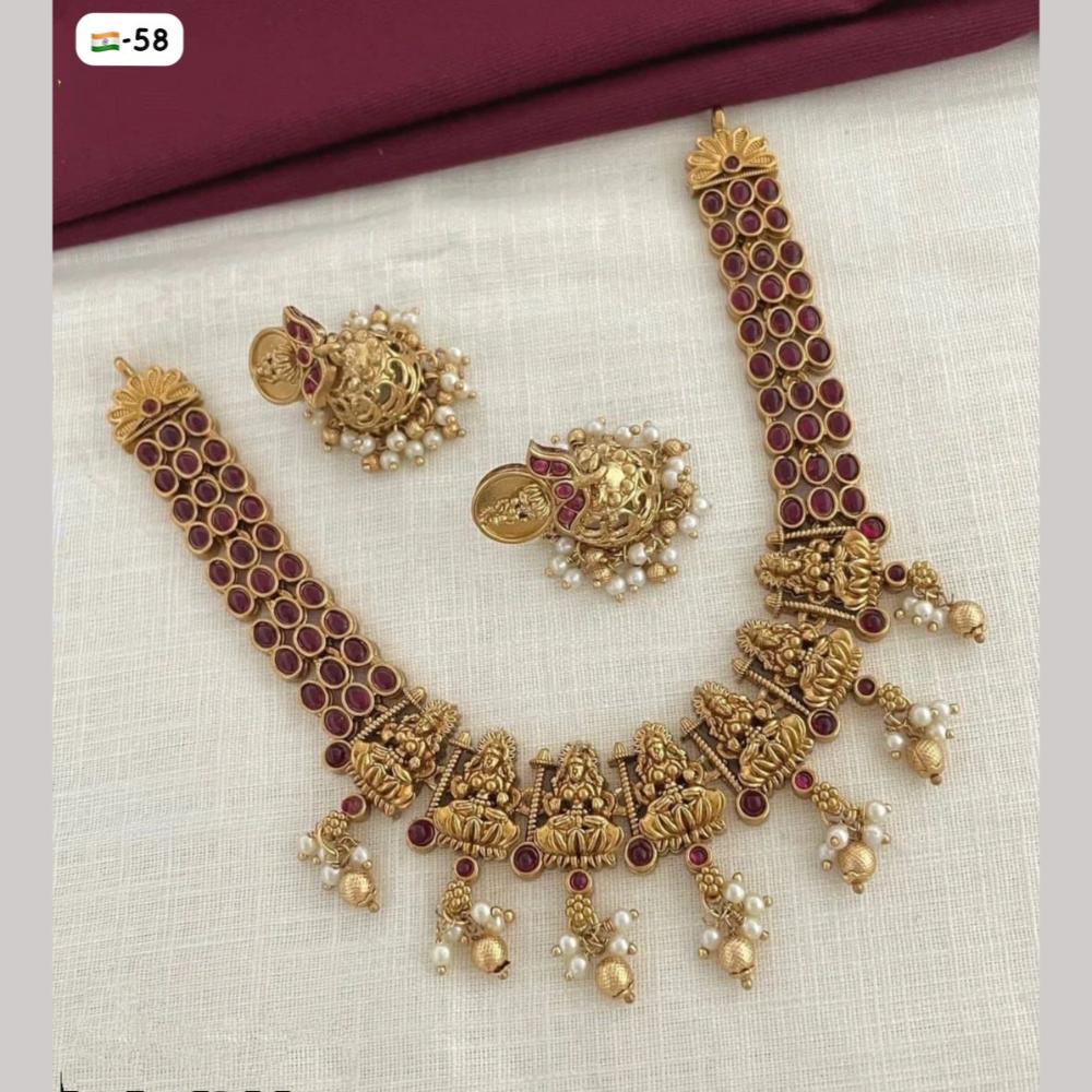 FS Collection Gold Plated Pota Stone and Pearls Temple Necklace Set