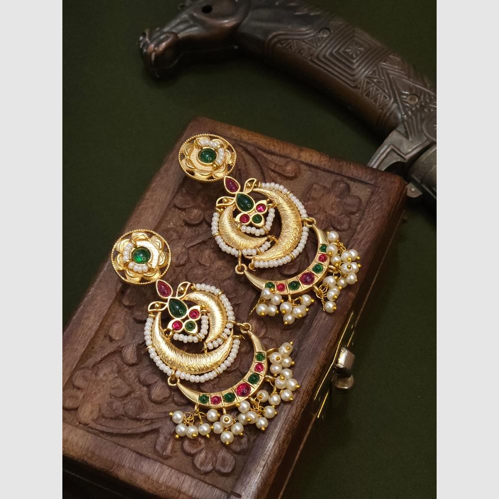 FS Collection Gold Plated Pota Stone And Pearls Dangler Earrings