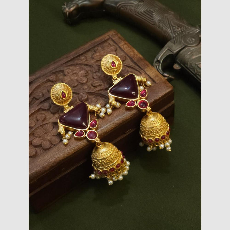 FS Collection Gold Plated Pota Stone And Pearls Jhumki Earrings