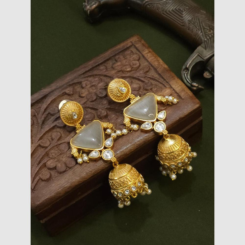 FS Collection Gold Plated Pota Stone And Pearls Jhumki Earrings